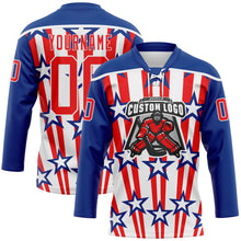 Charger l'image dans la galerie, Custom Royal Fire Red-White American Flag Hockey Lace Neck Jersey
