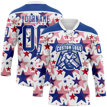 Custom White Royal-Red American Flag Hockey Lace Neck Jersey