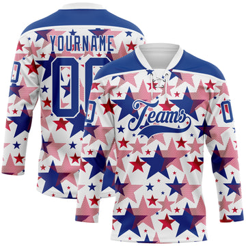 Custom White Royal-Red American Flag Hockey Lace Neck Jersey