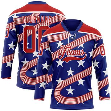 Custom Royal Red-White American Flag Hockey Lace Neck Jersey