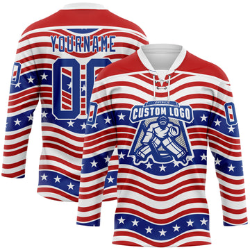 Custom White Royal-Red American Flag Hockey Lace Neck Jersey