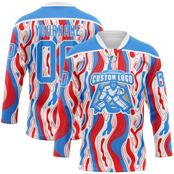 Custom White Powder Blue-Red American Flag Hockey Lace Neck Jersey