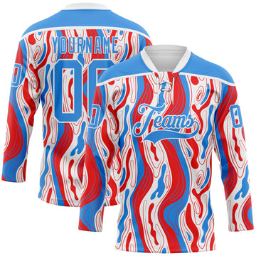 Custom White Powder Blue-Red American Flag Hockey Lace Neck Jersey