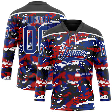 Custom Camo Royal Black-White American Flag Digital Camouflage Hockey Lace Neck Jersey