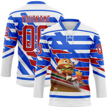 Загрузить изображение в средство просмотра галереи, Custom White Red-Thunder Blue 3D Pattern Design Foodie Funny Hamberger Fries Hockey Lace Neck Jersey
