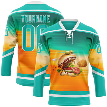 Custom Green Aqua Yellow-White 3D Pattern Design Foodie Funny Hamberger Hockey Lace Neck Jersey