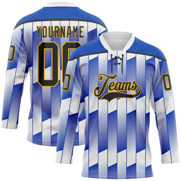 Custom White Black Thunder Blue-Gold 3D Pattern Design Stripe Gradient Hockey Lace Neck Jersey