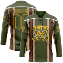 Charger l'image dans la galerie, Custom Olive Brown Cream Gold-White 3D Pattern Design Stripe Hockey Lace Neck Jersey
