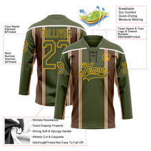 Charger l'image dans la galerie, Custom Olive Brown Cream Gold-White 3D Pattern Design Stripe Hockey Lace Neck Jersey
