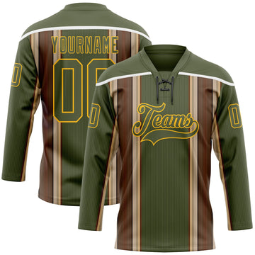 Custom Olive Brown Cream Gold-White 3D Pattern Design Stripe Hockey Lace Neck Jersey