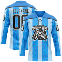 Load image into Gallery viewer, Custom Blue Black Powder Blue-White 3D Pattern Design Stripe Hockey Lace Neck Jersey
