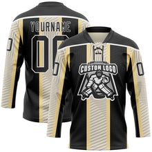 Загрузить изображение в средство просмотра галереи, Custom Black Cream-White 3D Pattern Design Stripe Hockey Lace Neck Jersey
