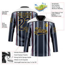Загрузить изображение в средство просмотра галереи, Custom Black Navy Red Gold-White 3D Pattern Design Stripe Hockey Lace Neck Jersey

