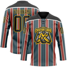 Load image into Gallery viewer, Custom Green Black Red Yellow-White 3D Pattern Design Stripe Hockey Lace Neck Jersey
