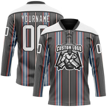 Load image into Gallery viewer, Custom Black White Red-Blue 3D Pattern Design Stripe Hockey Lace Neck Jersey

