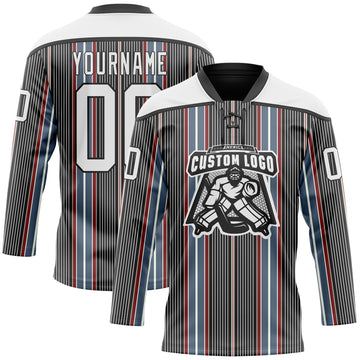 Custom Black White Red-Blue 3D Pattern Design Stripe Hockey Lace Neck Jersey