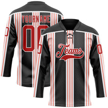 Load image into Gallery viewer, Custom Black Red Pink-White 3D Pattern Design Stripe Hockey Lace Neck Jersey
