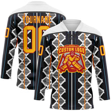 Laden Sie das Bild in den Galerie-Viewer, Custom Black Gold Blue Red-White 3D Pattern Design Stripe Geometric Hockey Lace Neck Jersey
