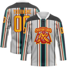 Load image into Gallery viewer, Custom White Gold Black Cream Green-Red 3D Pattern Design Stripe Hockey Lace Neck Jersey
