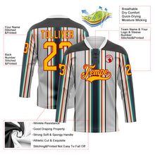 Load image into Gallery viewer, Custom White Gold Black Cream Green-Red 3D Pattern Design Stripe Hockey Lace Neck Jersey
