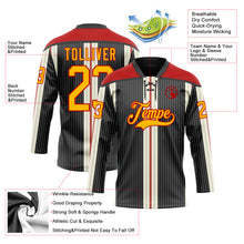 Load image into Gallery viewer, Custom Black Gold Cream-Red 3D Pattern Design Stripe Hockey Lace Neck Jersey
