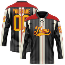 Load image into Gallery viewer, Custom Black Gold Cream-Red 3D Pattern Design Stripe Hockey Lace Neck Jersey
