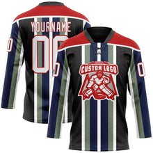 Load image into Gallery viewer, Custom Black White Green Navy-Red 3D Pattern Design Stripe Hockey Lace Neck Jersey

