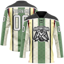 Load image into Gallery viewer, Custom Green White Cream Black-Red 3D Pattern Design Stripe Hockey Lace Neck Jersey
