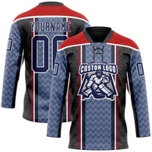 Load image into Gallery viewer, Custom Blue Navy Black Red-White 3D Pattern Design Stripe Hockey Lace Neck Jersey

