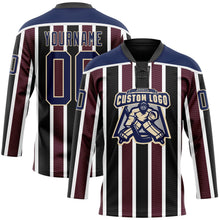 Laden Sie das Bild in den Galerie-Viewer, Custom Black Navy Red Cream-White 3D Pattern Design Stripe Hockey Lace Neck Jersey
