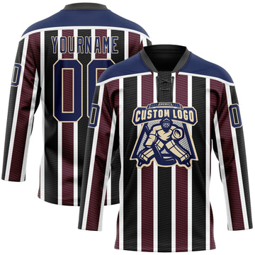 Custom Black Navy Red Cream-White 3D Pattern Design Stripe Hockey Lace Neck Jersey