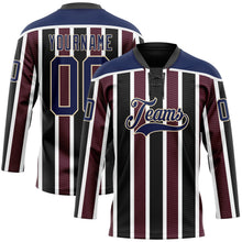 Laden Sie das Bild in den Galerie-Viewer, Custom Black Navy Red Cream-White 3D Pattern Design Stripe Hockey Lace Neck Jersey
