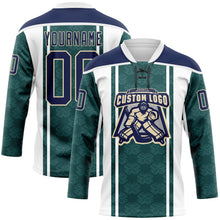 Load image into Gallery viewer, Custom Green Navy White-Cream 3D Pattern Design Stripe Hockey Lace Neck Jersey
