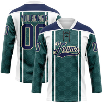 Custom Green Navy White-Cream 3D Pattern Design Stripe Hockey Lace Neck Jersey