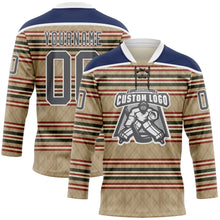 Load image into Gallery viewer, Custom Old Gold Steel Gray Red Cream-White 3D Pattern Design Stripe Hockey Lace Neck Jersey
