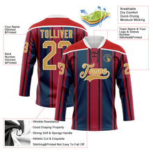 Laden Sie das Bild in den Galerie-Viewer, Custom Red Old Gold Navy White-Cream 3D Pattern Design Stripe Hockey Lace Neck Jersey
