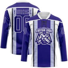 Laden Sie das Bild in den Galerie-Viewer, Custom Dark Purple Black-White 3D Pattern Design Stripe Hockey Lace Neck Jersey
