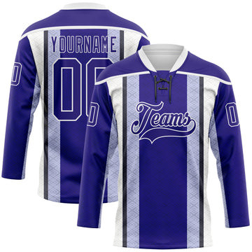 Custom Dark Purple Black-White 3D Pattern Design Stripe Hockey Lace Neck Jersey