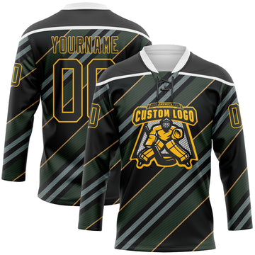 Custom Black Gold-White 3D Pattern Design Stripe Hockey Lace Neck Jersey