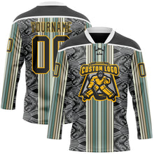 Load image into Gallery viewer, Custom Black Blue Gold-White 3D Pattern Design Stripe Hockey Lace Neck Jersey
