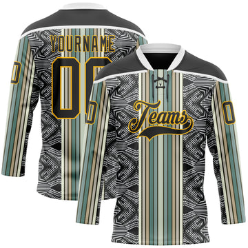 Custom Black Blue Gold-White 3D Pattern Design Stripe Hockey Lace Neck Jersey