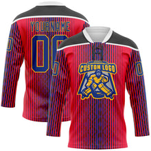 Laden Sie das Bild in den Galerie-Viewer, Custom Red Royal Black Gold-White 3D Pattern Design Stripe Hockey Lace Neck Jersey
