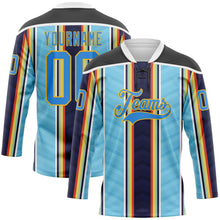 Load image into Gallery viewer, Custom Blue Powder Blue Black Red Gold-White 3D Pattern Design Stripe Hockey Lace Neck Jersey
