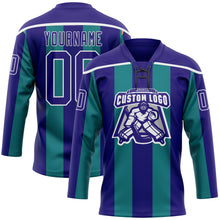 Charger l'image dans la galerie, Custom Dark Purple Green-White 3D Pattern Design Stripe Hockey Lace Neck Jersey
