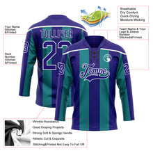 Charger l'image dans la galerie, Custom Dark Purple Green-White 3D Pattern Design Stripe Hockey Lace Neck Jersey
