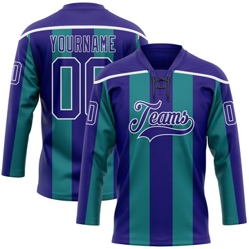 Custom Dark Purple Green-White 3D Pattern Design Stripe Hockey Lace Neck Jersey