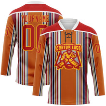 Load image into Gallery viewer, Custom Orange Red Blue Gold-White 3D Pattern Design Stripe Hockey Lace Neck Jersey
