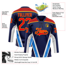 Charger l'image dans la galerie, Custom Navy Fire Red Gold Blue-White 3D Abstract Pattern Graphic Cyber Mecha E-sport Hockey Lace Neck Jersey
