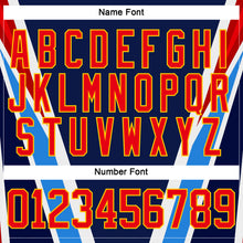 Charger l'image dans la galerie, Custom Navy Fire Red Gold Blue-White 3D Abstract Pattern Graphic Cyber Mecha E-sport Hockey Lace Neck Jersey
