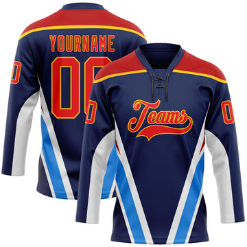 Custom Navy Fire Red Gold Blue-White 3D Abstract Pattern Graphic Cyber Mecha E-sport Hockey Lace Neck Jersey